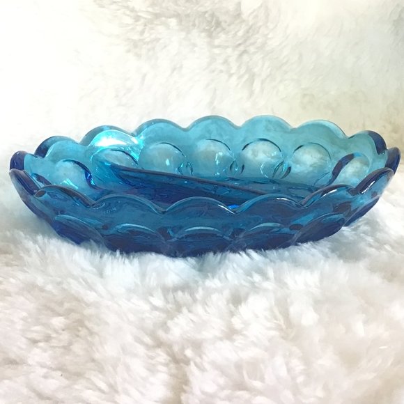 VTG Indiana Blue Glass Oval Divided Dish - Picture 2 of 5